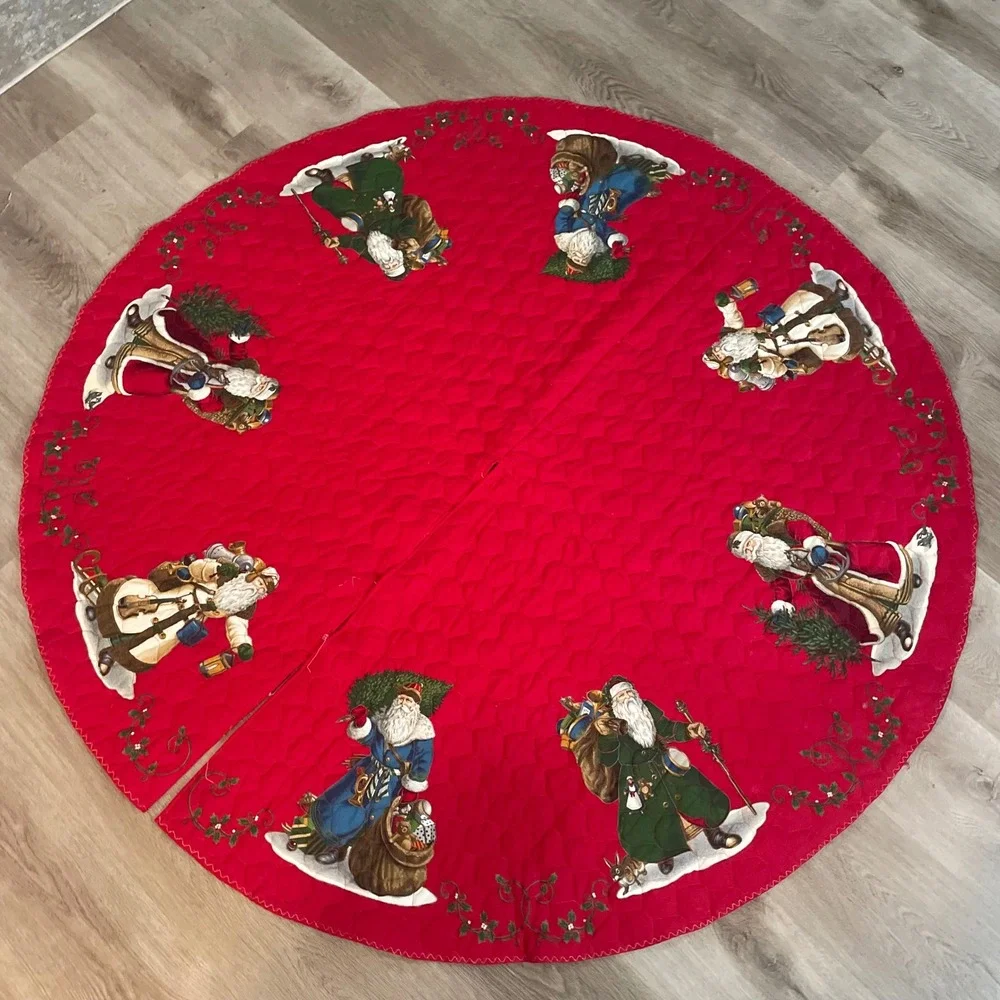 Vintage 90s Red Quilted Christmas Tree Skirt Old World Santa Applique 51in Decor